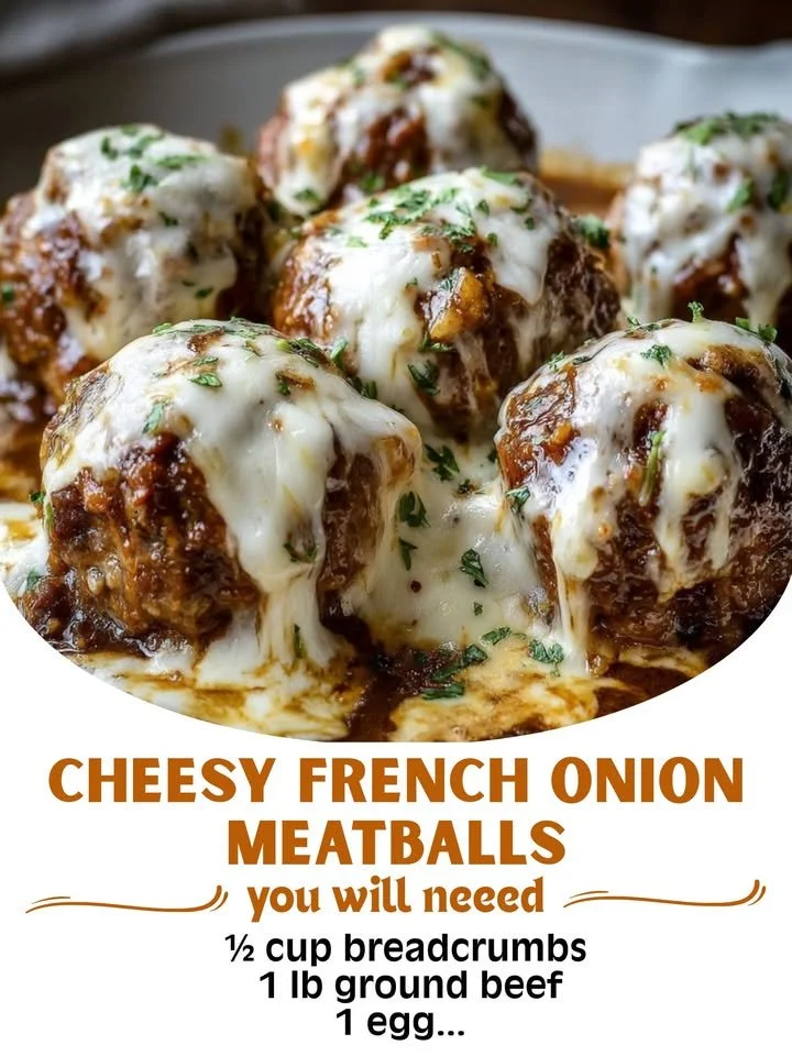 Delicious cheesy French onion meatballs served with gooey cheese and caramelized onions.
