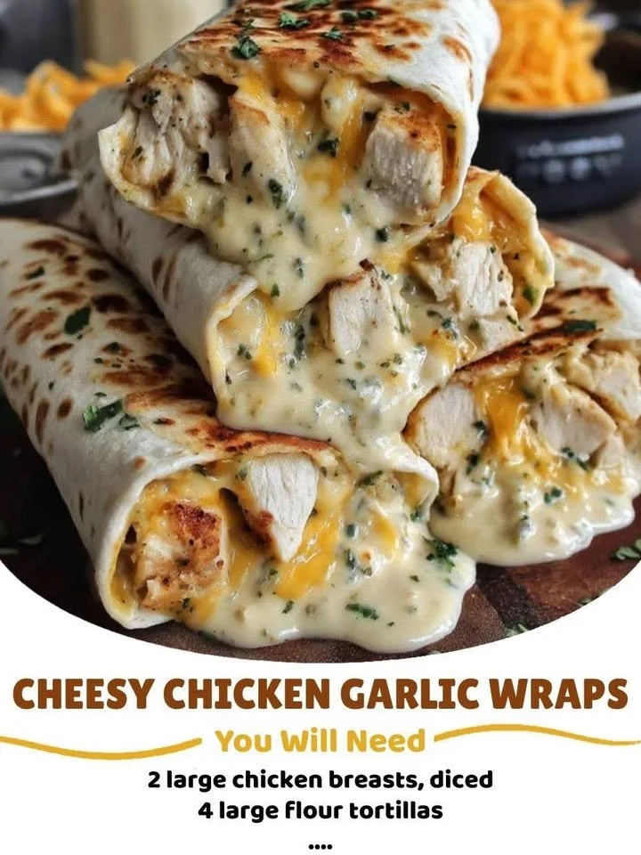 Delicious cheesy garlic chicken wraps served on a plate.