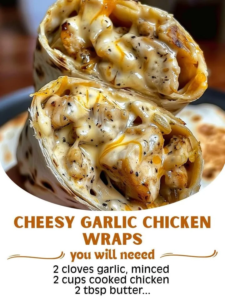 Cheesy garlic chicken wraps filled with tender chicken and melted cheese.