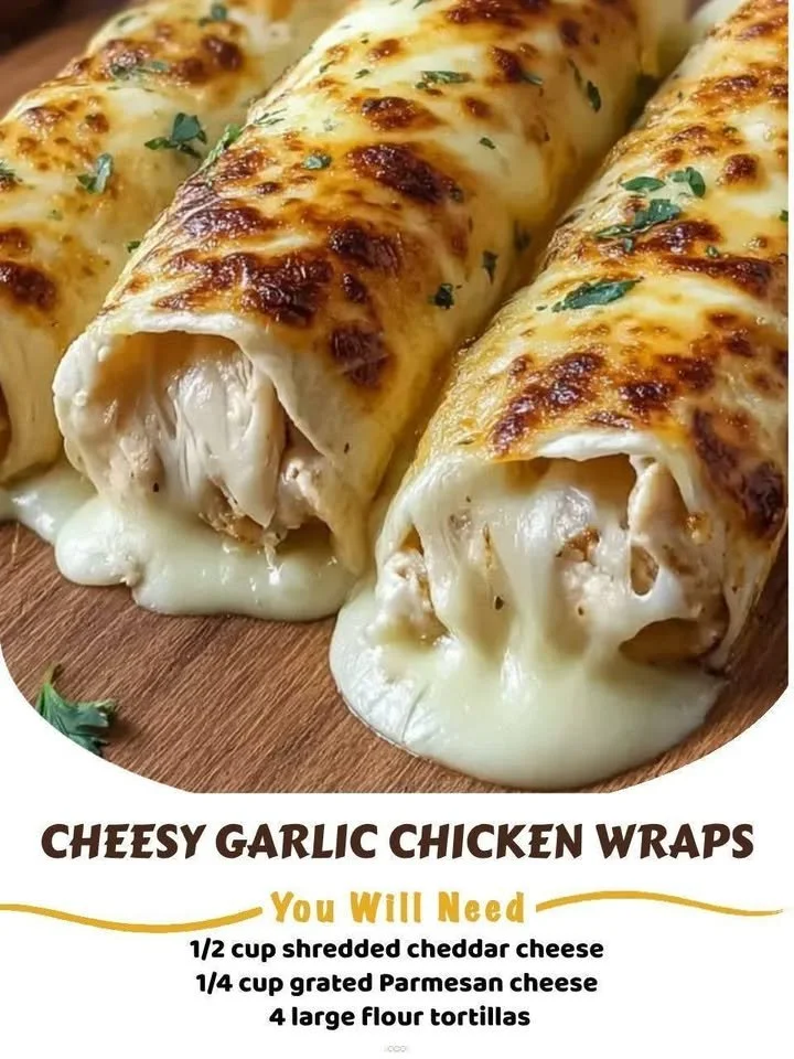 Cheesy garlic chicken wraps filled with chicken, cheese, and flavorful garlic sauce