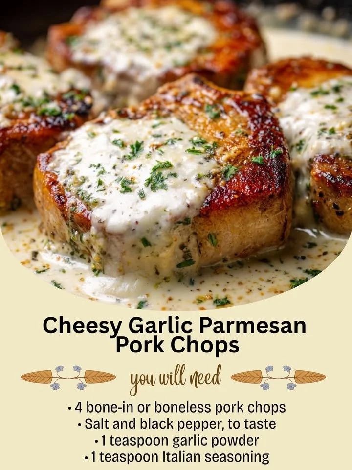 Cheesy Garlic Parmesan Pork Chops garnished with herbs