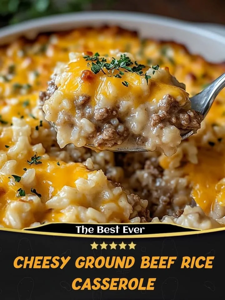 Cheesy ground beef rice casserole served in a baking dish with cheese melted on top.