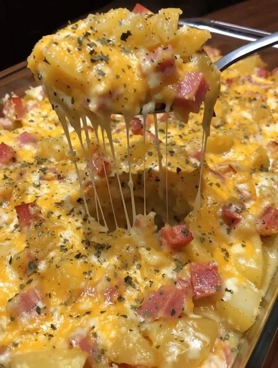 Delicious Cheesy Ham Potato Casserole ready to serve