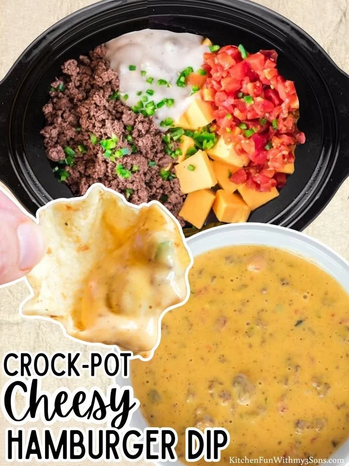 Delicious cheesy hamburger dip served in a bowl with tortilla chips
