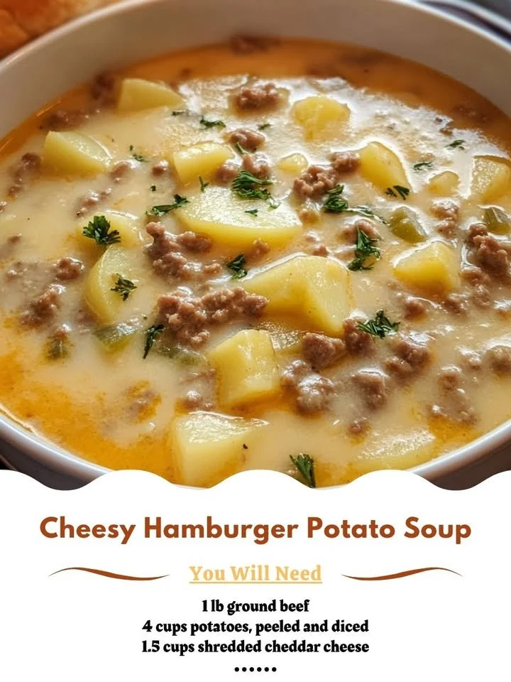 Bowl of cheesy hamburger potato soup garnished with herbs