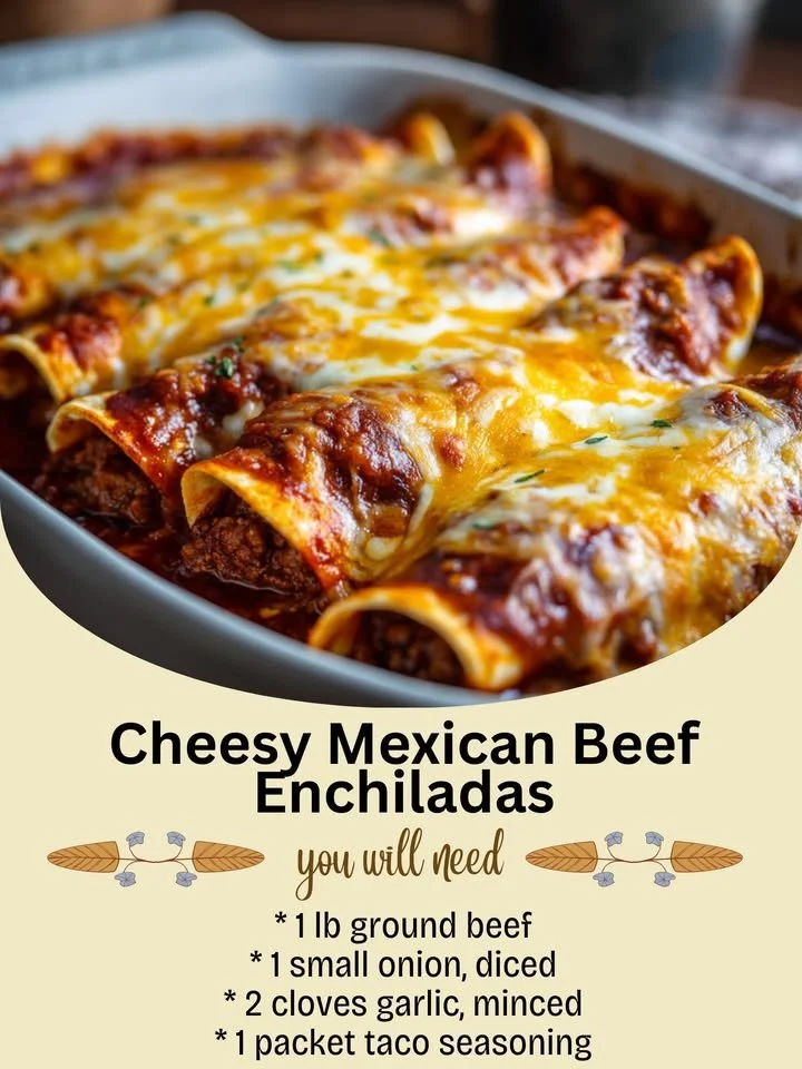 Delicious cheesy Mexican beef enchiladas topped with rich sauce and melted cheese