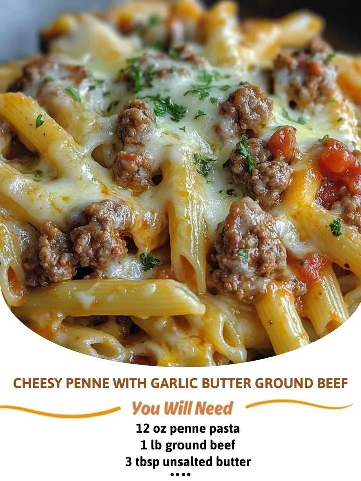 Cheesy penne pasta with garlic butter ground beef and melted cheese