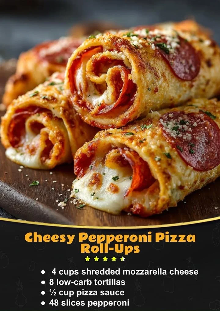 Cheesy pepperoni pizza roll-ups ready to serve on a platter.