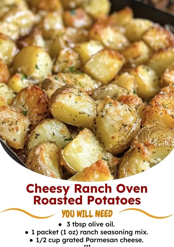 Cheesy ranch oven roasted potatoes served in a rustic dish