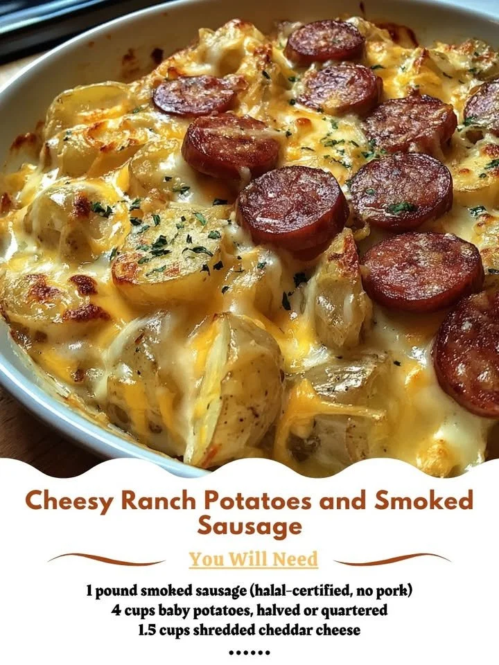 Cheesy ranch potatoes with smoked sausage served on a plate