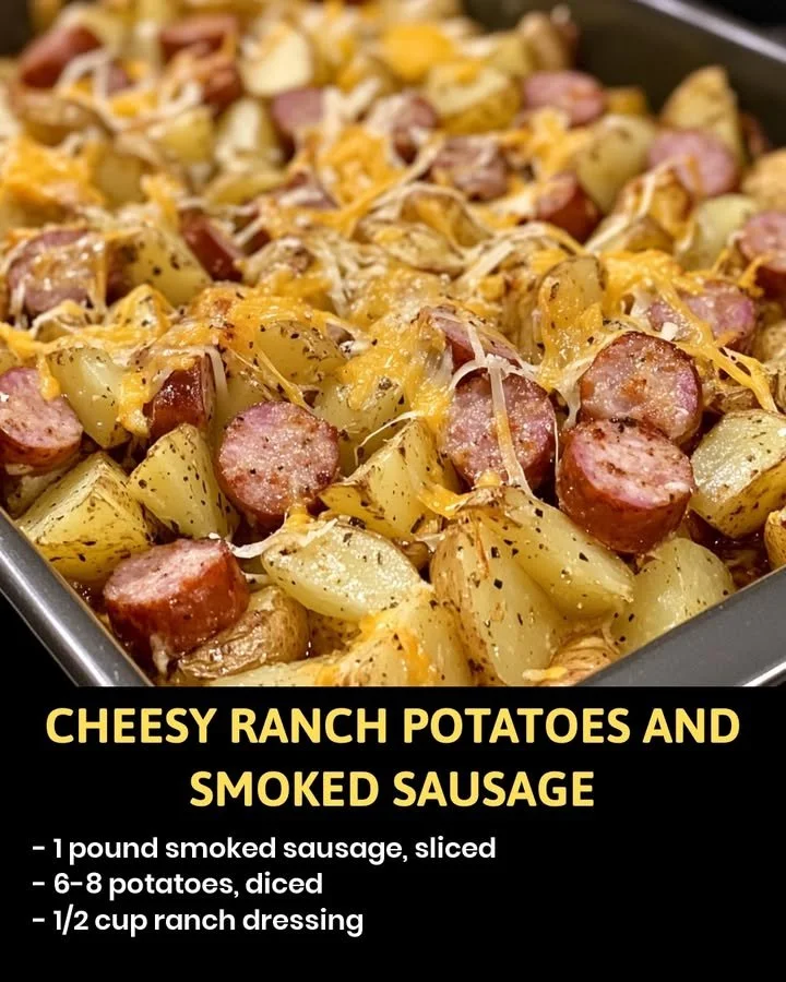 Cheesy ranch potatoes with smoked sausage served in a bowl