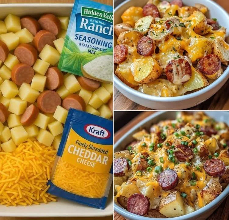 Cheesy ranch potatoes and sausage bake ready to serve in a casserole dish.