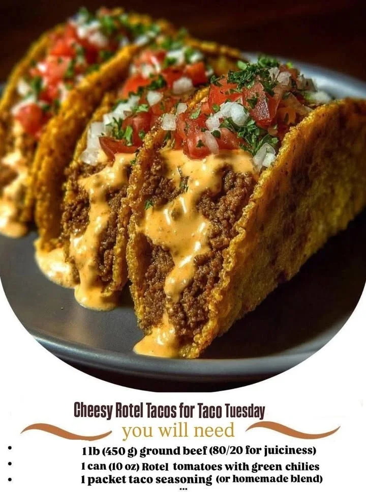Cheesy Rotel tacos garnished with fresh toppings for Taco Tuesday