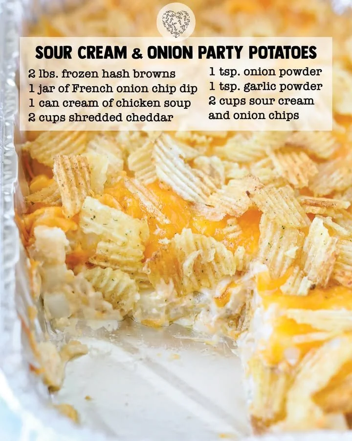 Cheesy Sour Cream and Onion Hash Brown Casserole served in a baking dish