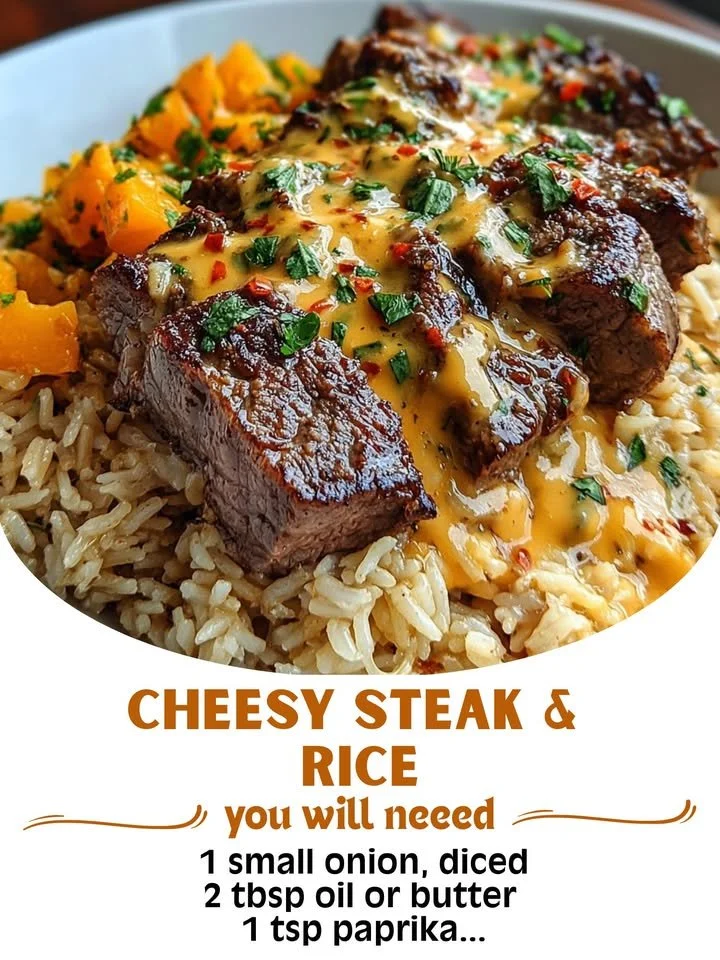 Cheesy steak served over rice, creating a mouthwatering and savory dish.