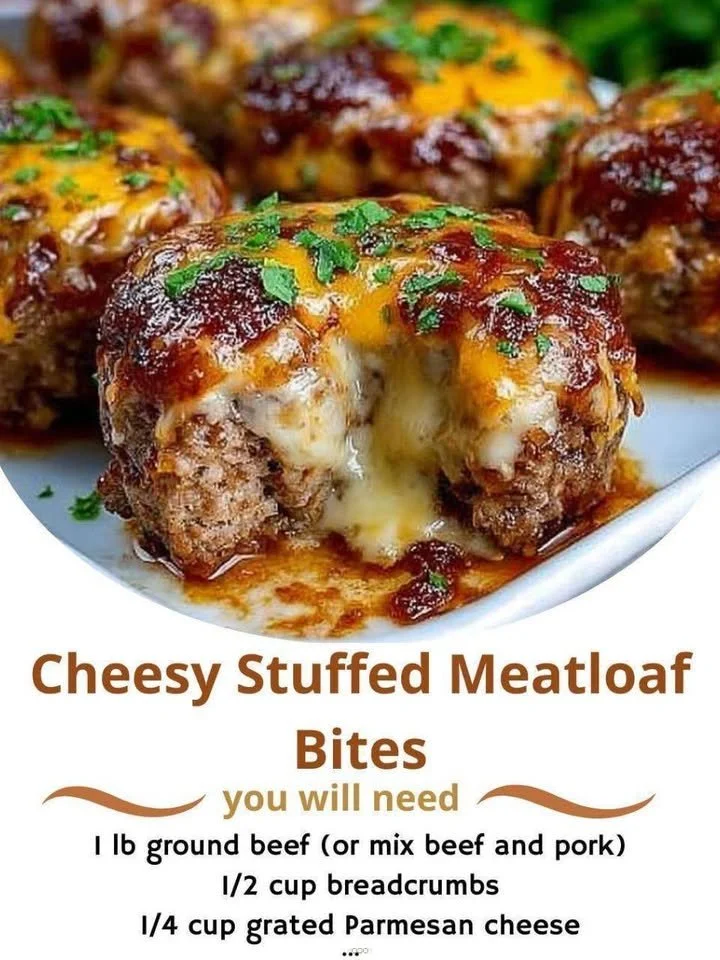 Cheesy stuffed meatloaf bites ready to be served on a plate.