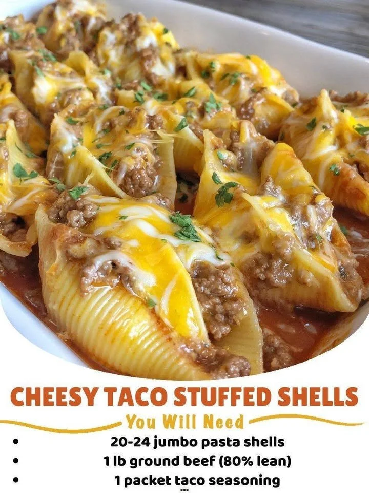 Delicious cheesy taco stuffed shells filled with seasoned beef and topped with melted cheese.