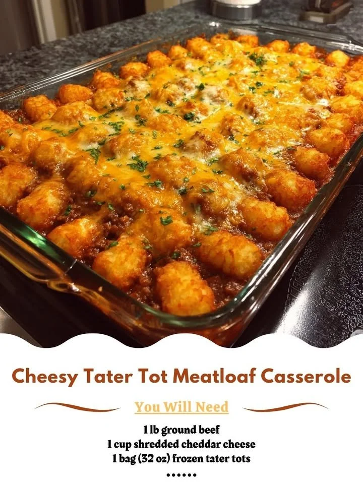 Cheesy Tater Tot Meatloaf Casserole served in a dish with crispy texture
