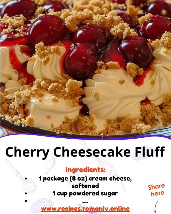 Delicious Cherry Cheesecake Fluff dessert topped with fresh cherries
