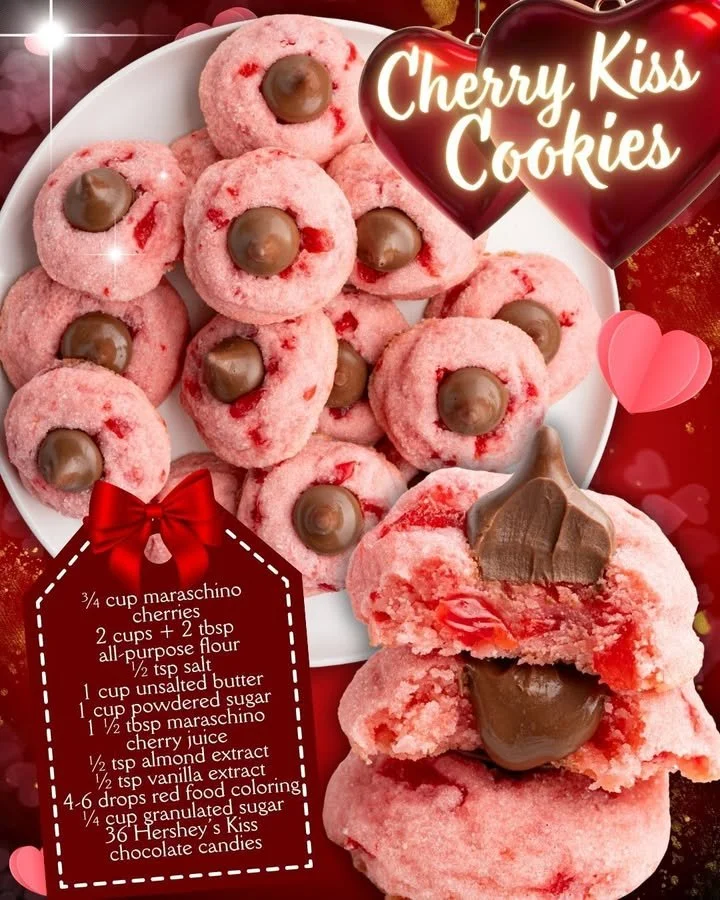 Freshly baked Cherry Kiss Cookies featuring cherries and chocolate.