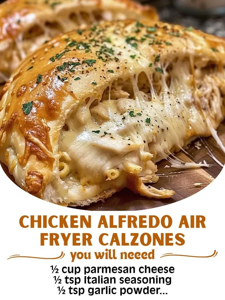 Delicious Chicken Alfredo Calzones cooked in an air fryer, golden and crispy.