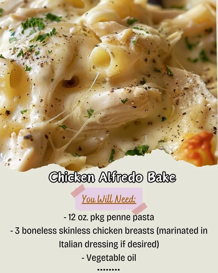 Delicious Chicken Alfredo Bake topped with cheese and herbs