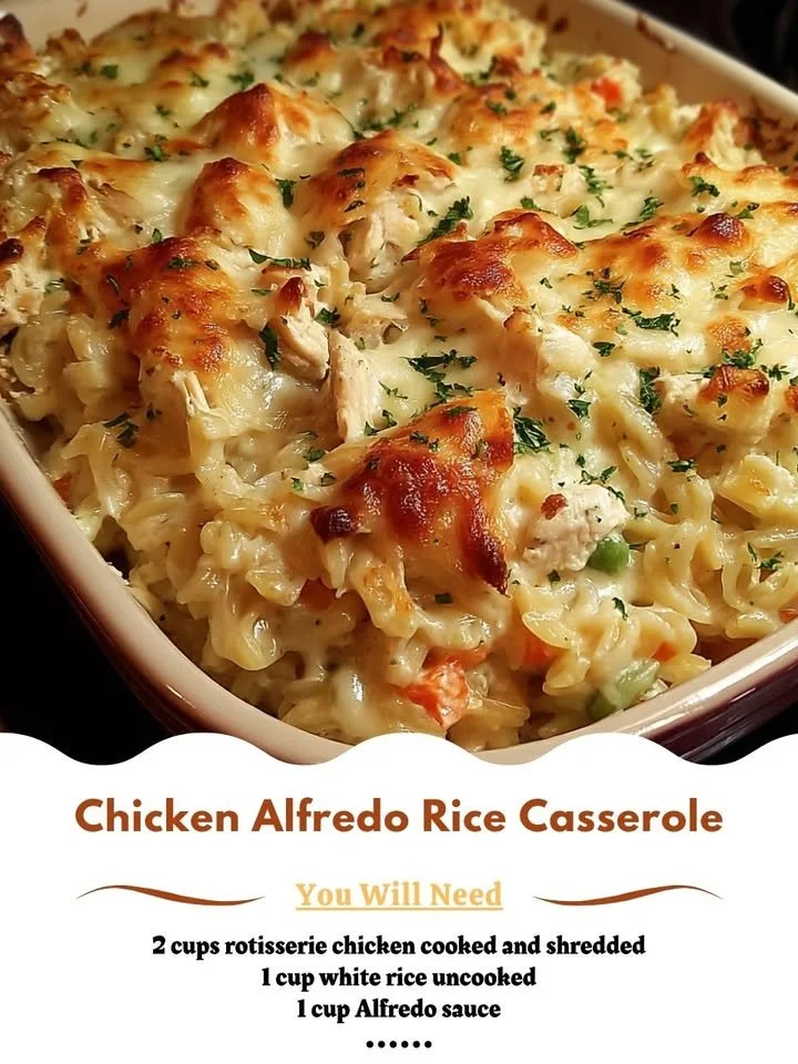 Delicious Chicken Alfredo Rice Casserole topped with cheese and herbs