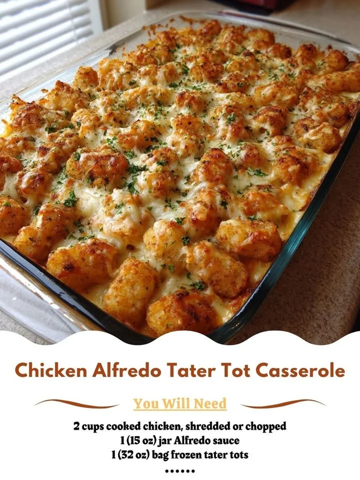 Delicious Chicken Alfredo Tater Tot Casserole topped with golden crispy tater tots