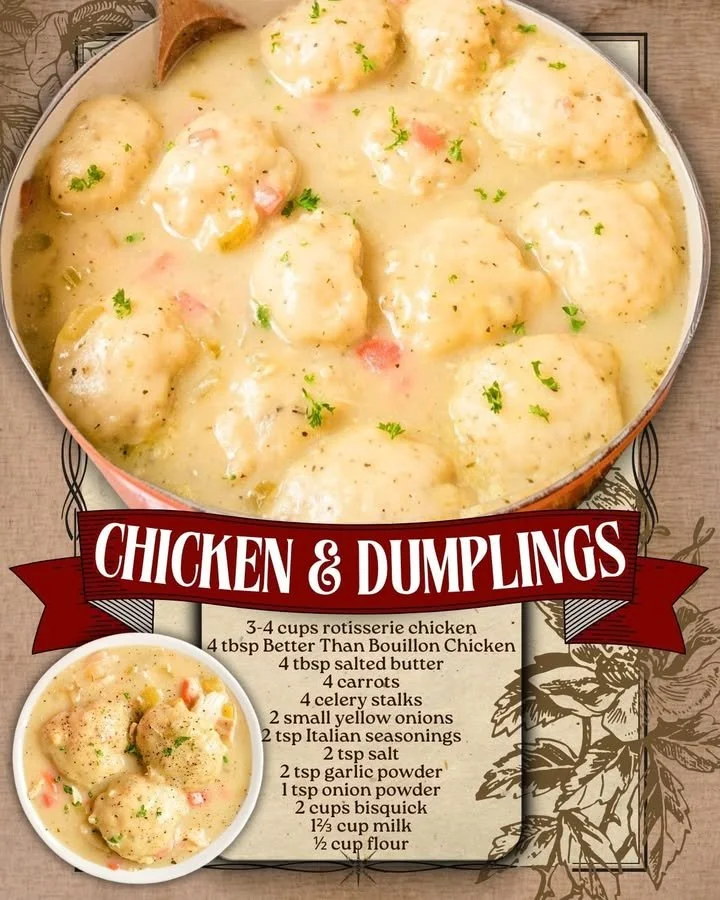 Bowl of chicken and dumplings with fresh herbs and vegetables