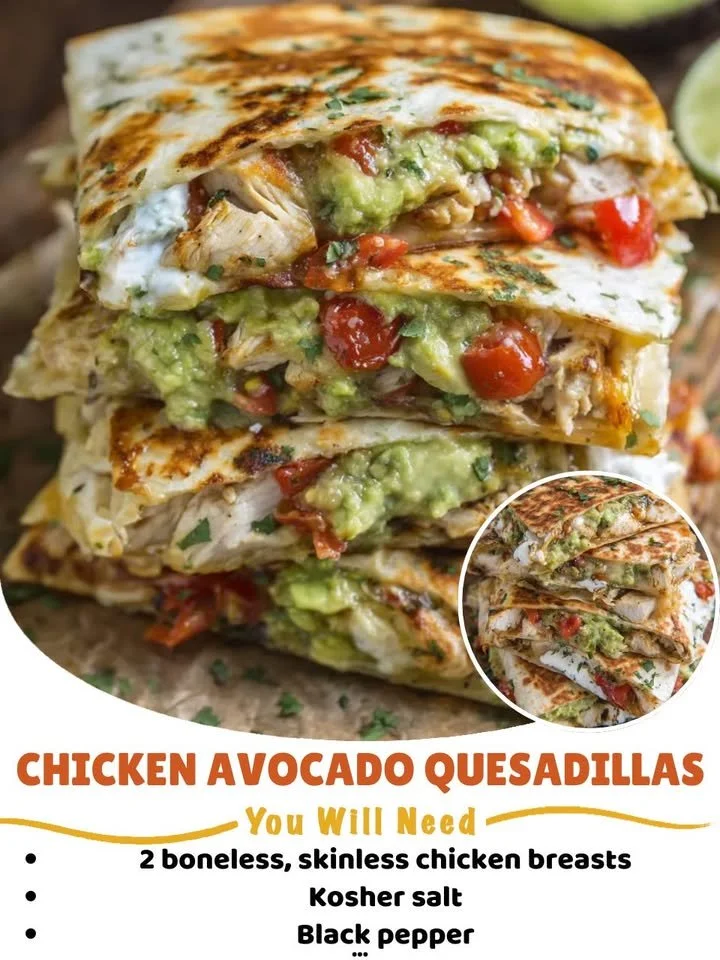Delicious Chicken Avocado Quesadillas served with fresh toppings