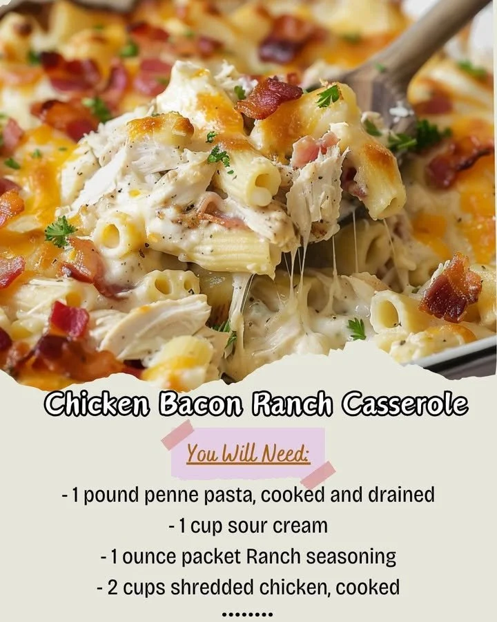 Delicious Chicken Bacon Ranch Casserole topped with crispy bacon and cheese