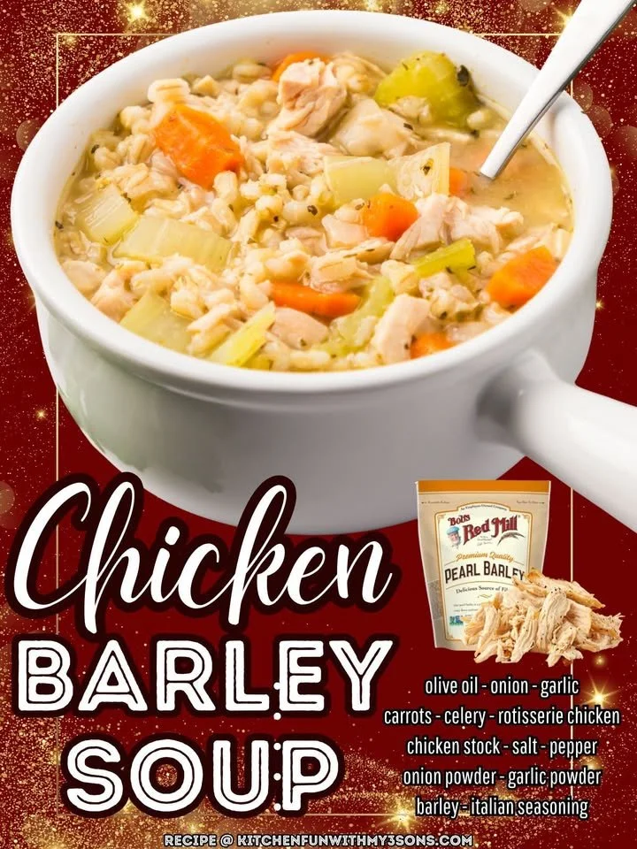 Bowl of delicious Chicken Barley Soup with fresh vegetables and herbs
