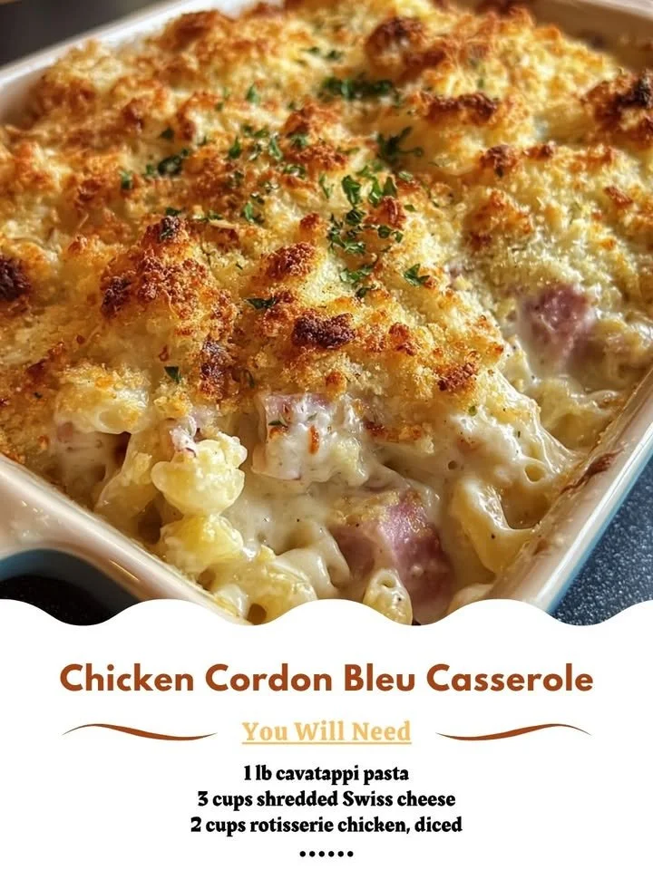 Chicken Cordon Bleu Casserole topped with melted cheese and ham