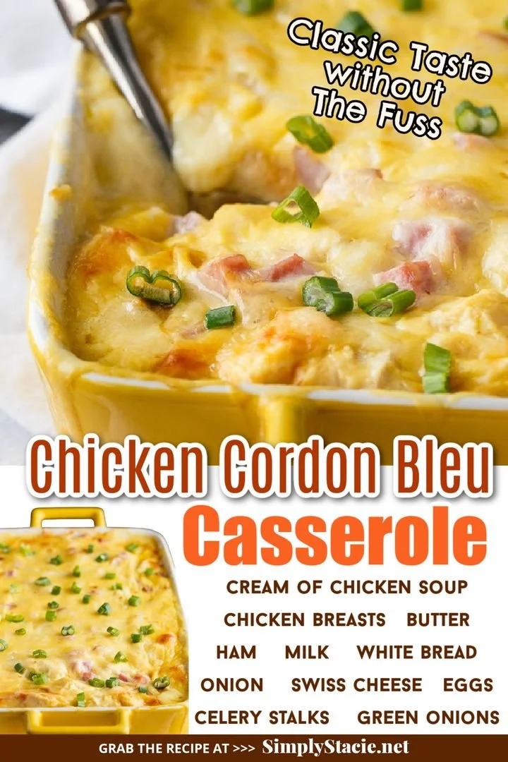 Chicken Cordon Bleu Casserole with melted cheese and crispy ham
