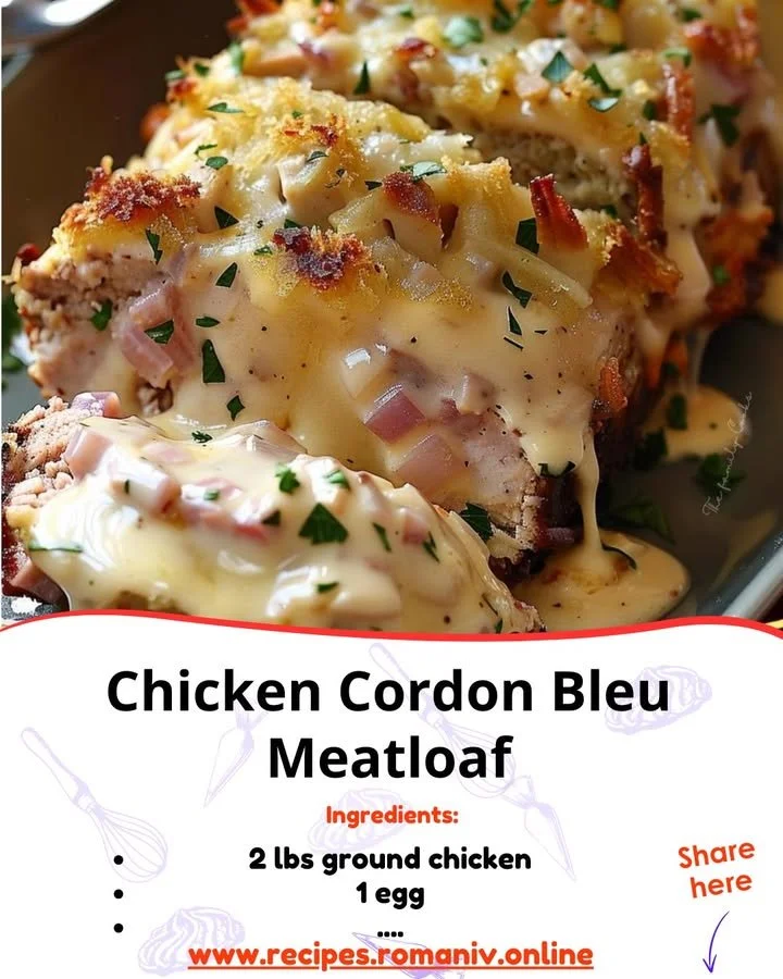 Delicious Chicken Cordon Bleu Meatloaf with ham and cheese layers