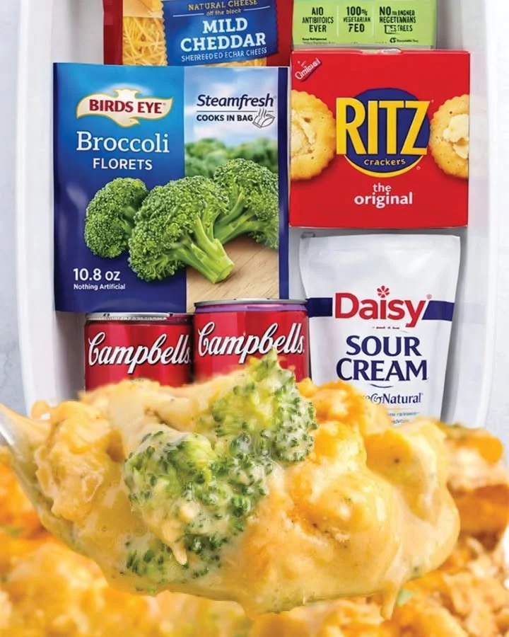 Creamy Chicken Divan with broccoli and cheese sauce in a baking dish