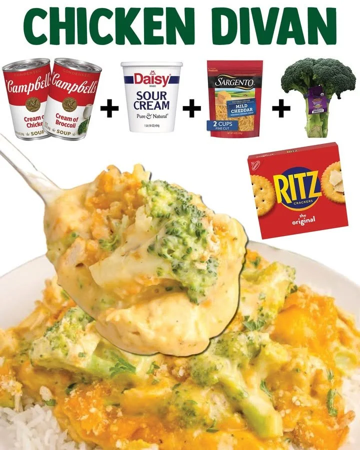 Delicious Chicken Divan casserole with broccoli and cheese