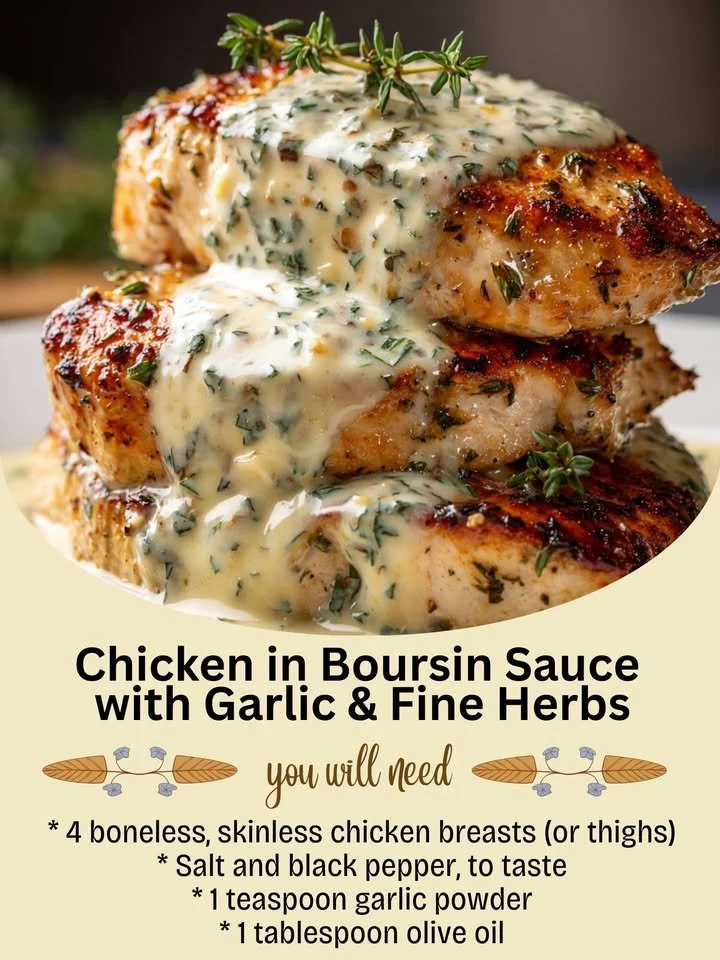 Creamy Boursin chicken with garlic and fine herbs served on a plate