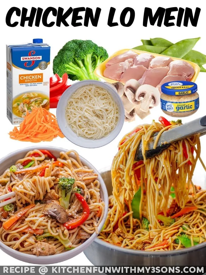 Delicious Chicken Lo Mein with chicken, noodles, and vegetables in a savory sauce.