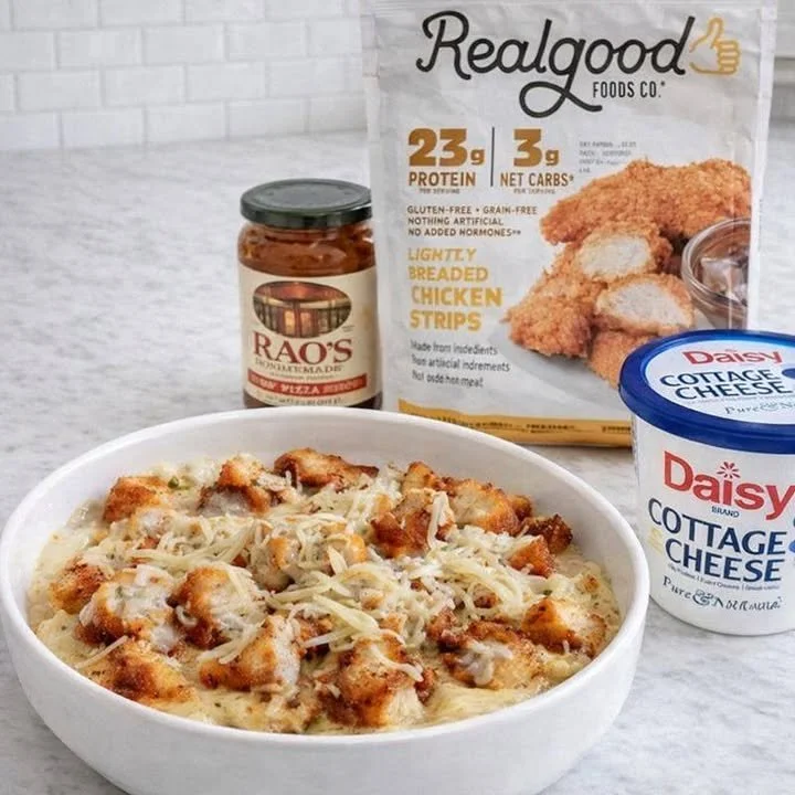 Chicken Parm Cottage Cheese Bowl with cheese, chicken, and herbs