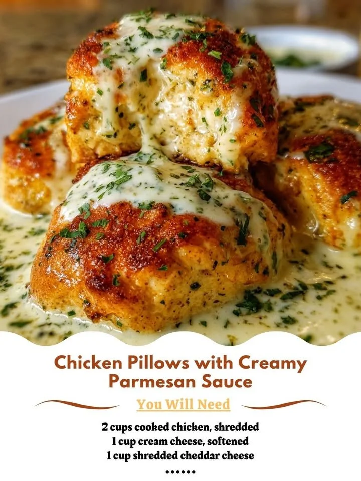 Chicken Pillows served with creamy Parmesan sauce on a plate