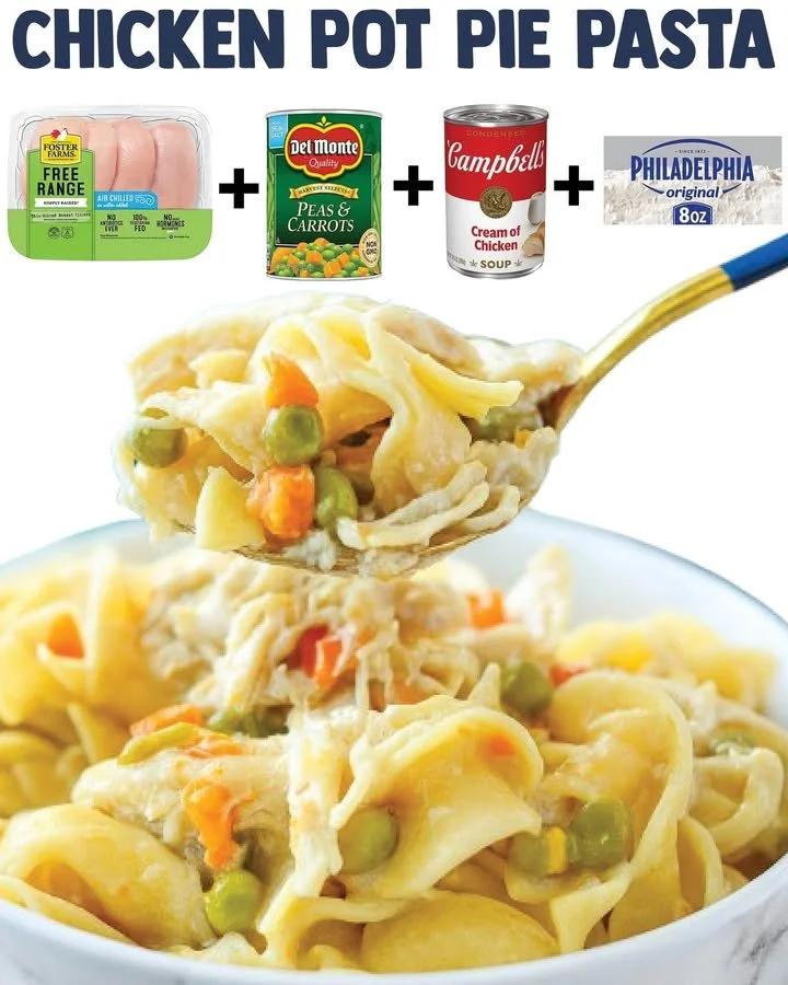 Chicken Pot Pie Pasta dish with creamy sauce and vegetables.
