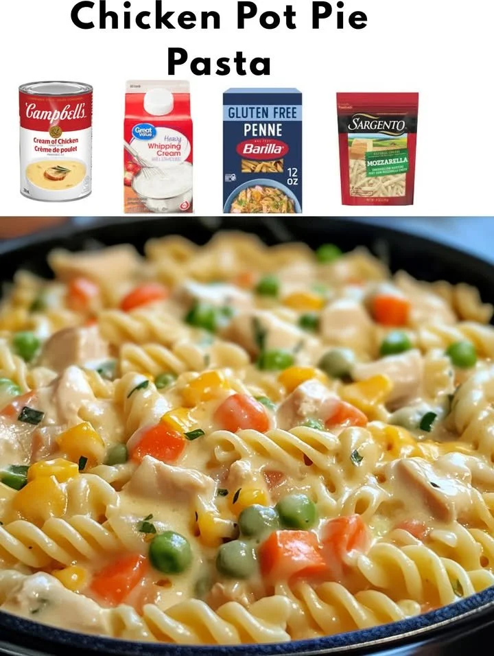 A creamy Chicken Pot Pie Pasta garnished with herbs and vegetables in a bowl