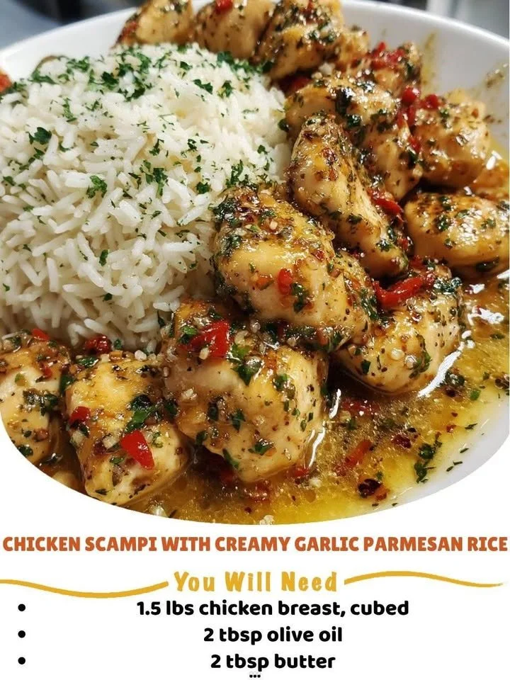 Delicious Chicken Scampi served with creamy garlic Parmesan rice