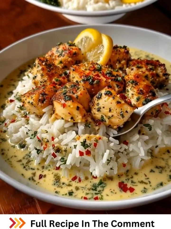 Delicious Chicken Scampi with Garlic Parmesan Rice served on a plate