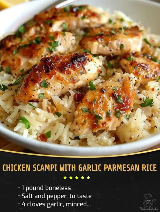 Delicious Chicken Scampi with Garlic Parmesan Rice on a plate