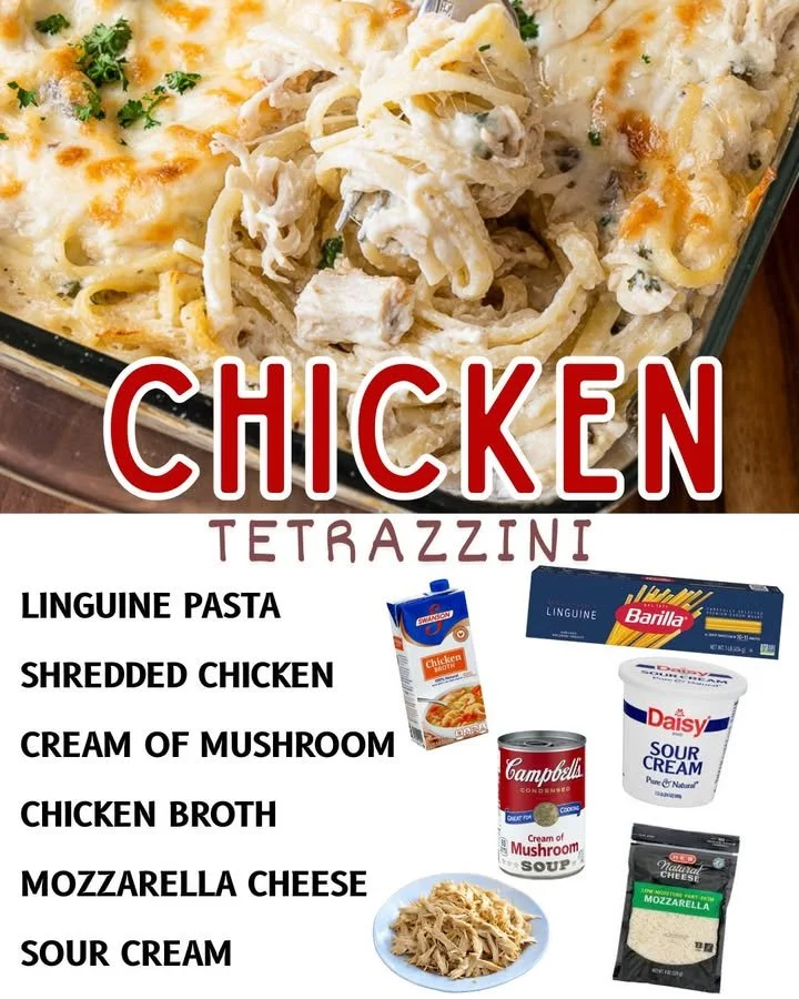 Creamy Chicken Tetrazzini served in a bowl with pasta and vegetables