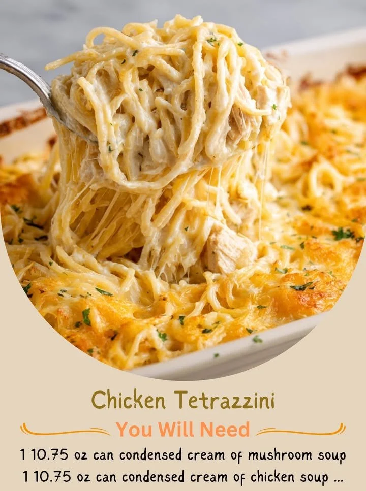 Creamy Chicken Tetrazzini dish with pasta and chicken in a baking dish