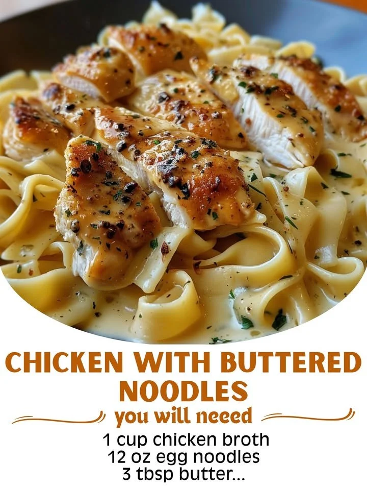 Delicious Chicken served with Buttered Noodles on a plate