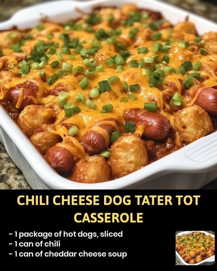 Chili cheese dog tater tot casserole in a baking dish topped with melted cheese